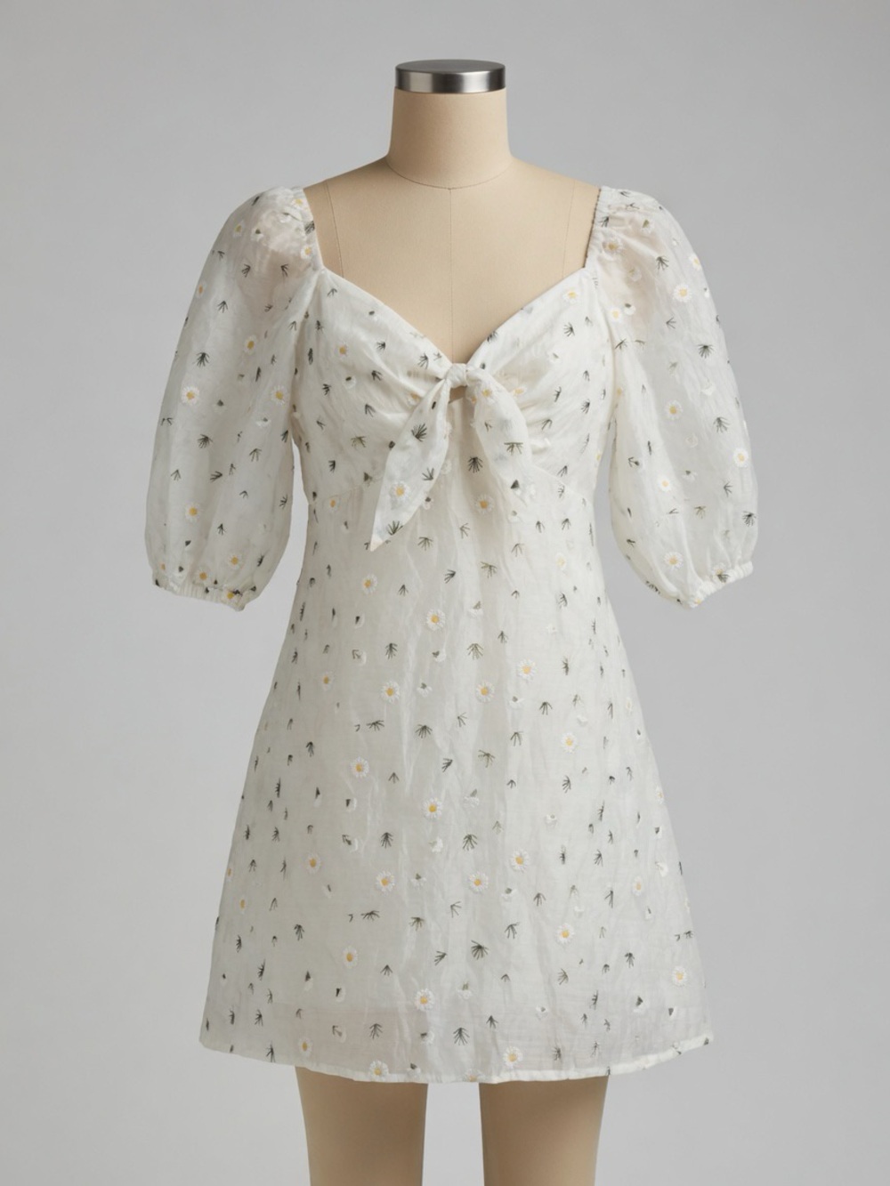 NWT Pomelo Collection Daisy Embroidered Mini Dress S White Cottagecore Puff Bow